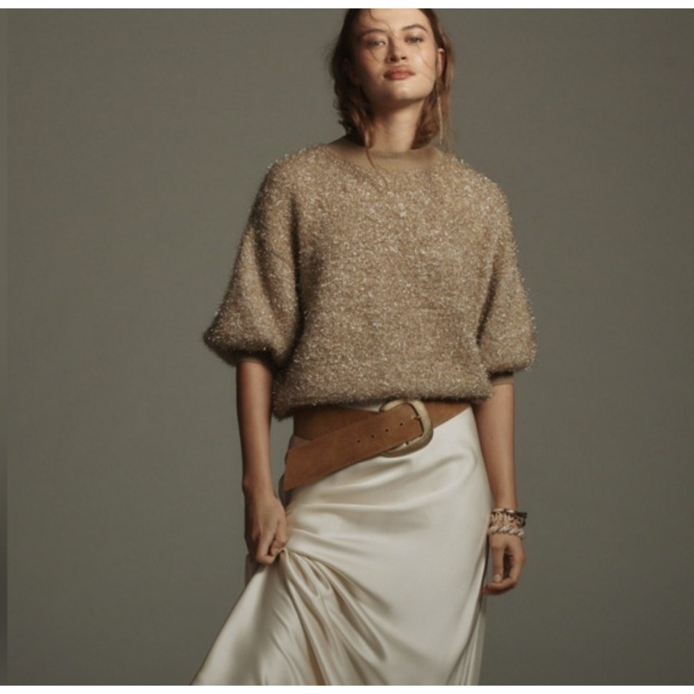 Maeve Honey Gold Metallic Open Back Puff Sleeve Mock Neck Sweater XXS NWT